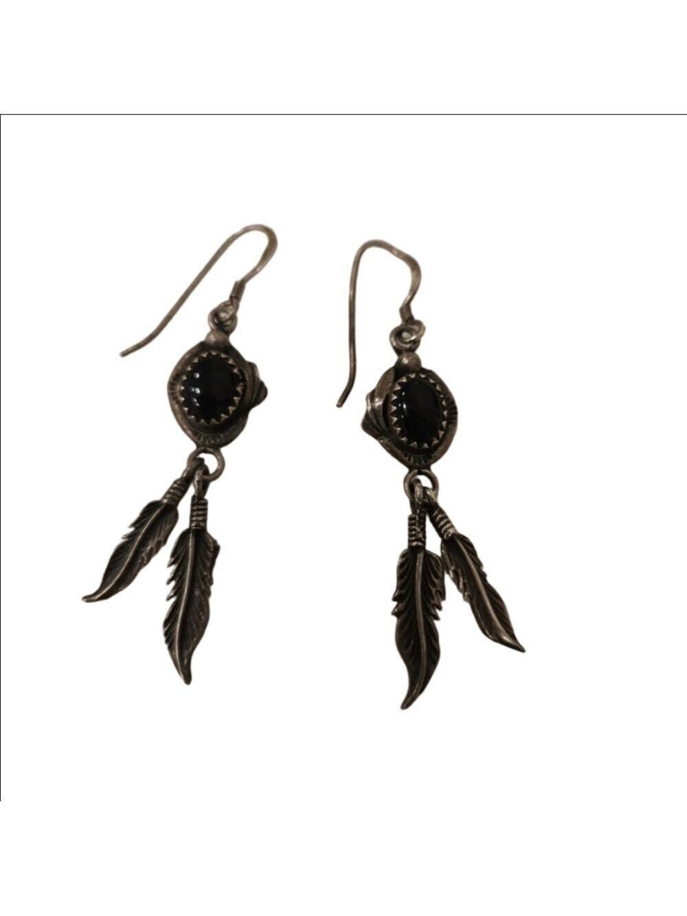 Women's Navajo Silver Silver & Black Feather Drop Earrings